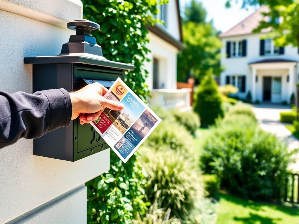 Dépôt de flyers dans une boîte aux lettres de villa