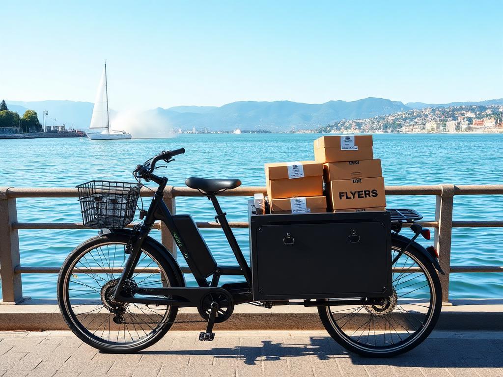 Vélo cargo électrique chargé de flyers à Genève